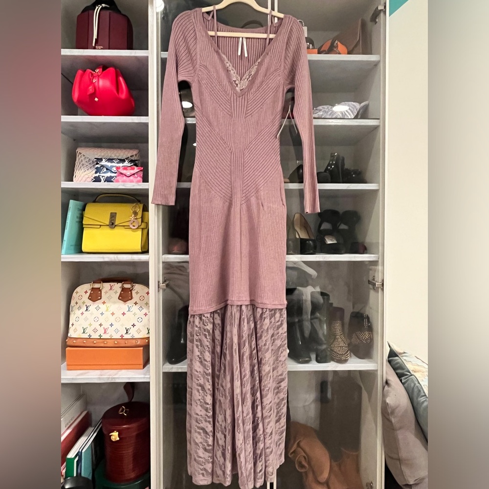 Anthropologie Mauve Ribbed Knit & Satin Maxi Dress